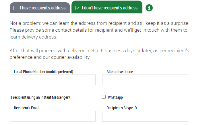 Screenshot of the process to send a gift without an address.